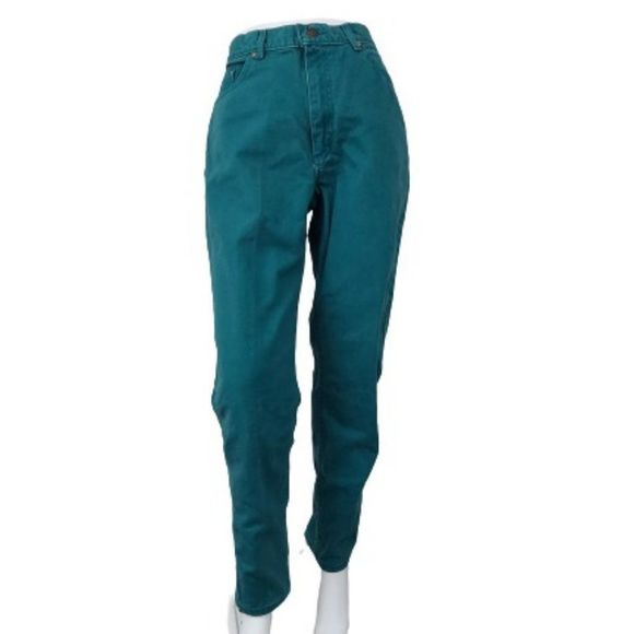 Lee Denim - 1990s Rare Kelly Green with Blue Seams Union Made Lee High Waisted Jeans